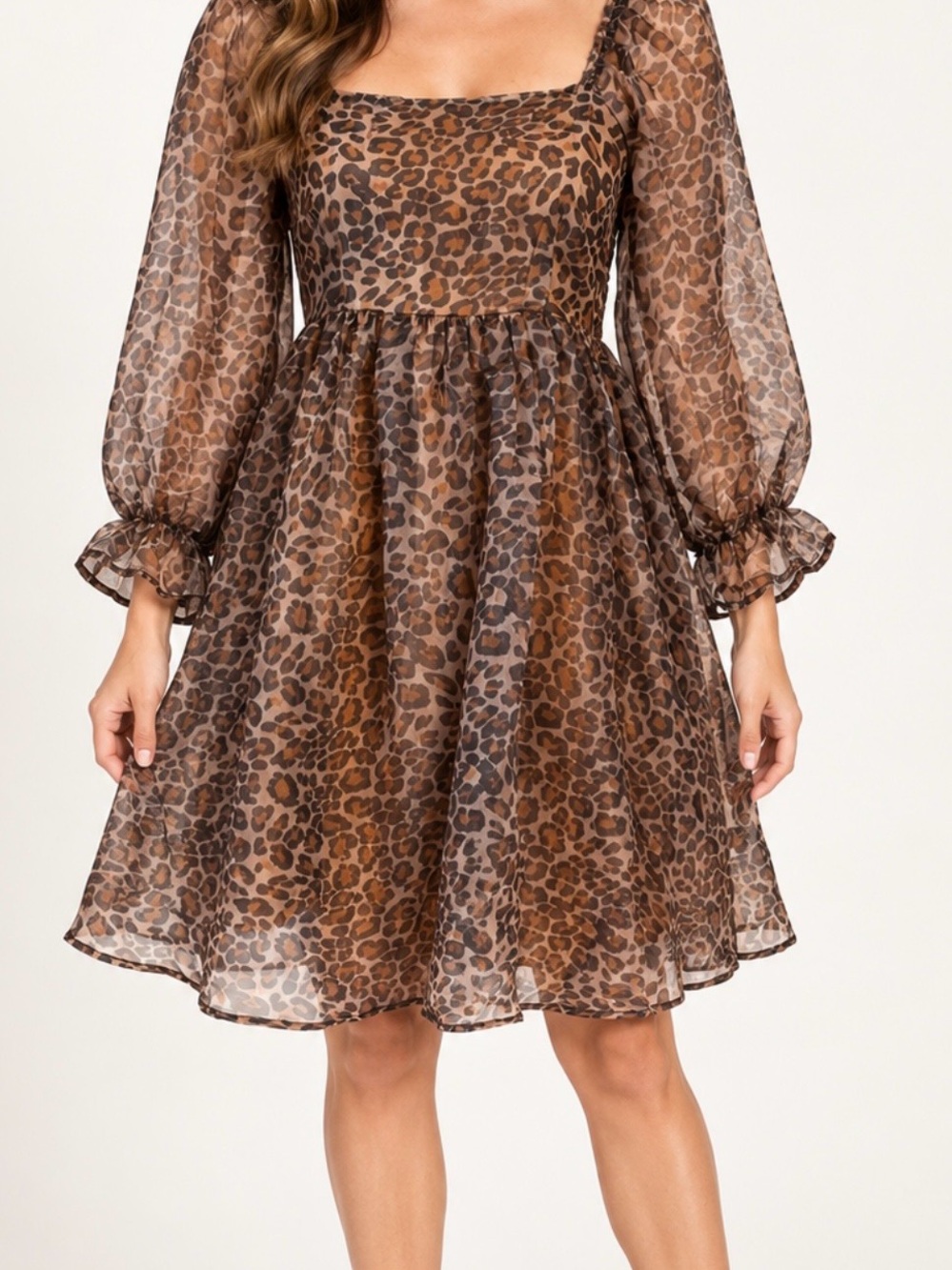 entro Brown Leopard Square Neck Babydoll Mini Dress with Puff Sleeves Organza Sm